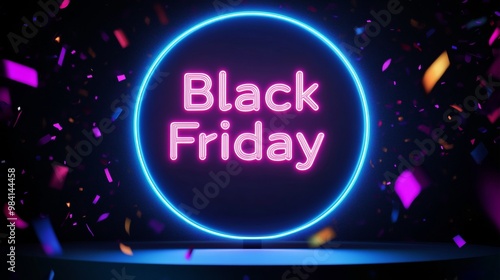 Neon Black Friday Sale sign in dark lights with a glowing platform. Podium stand for promotions