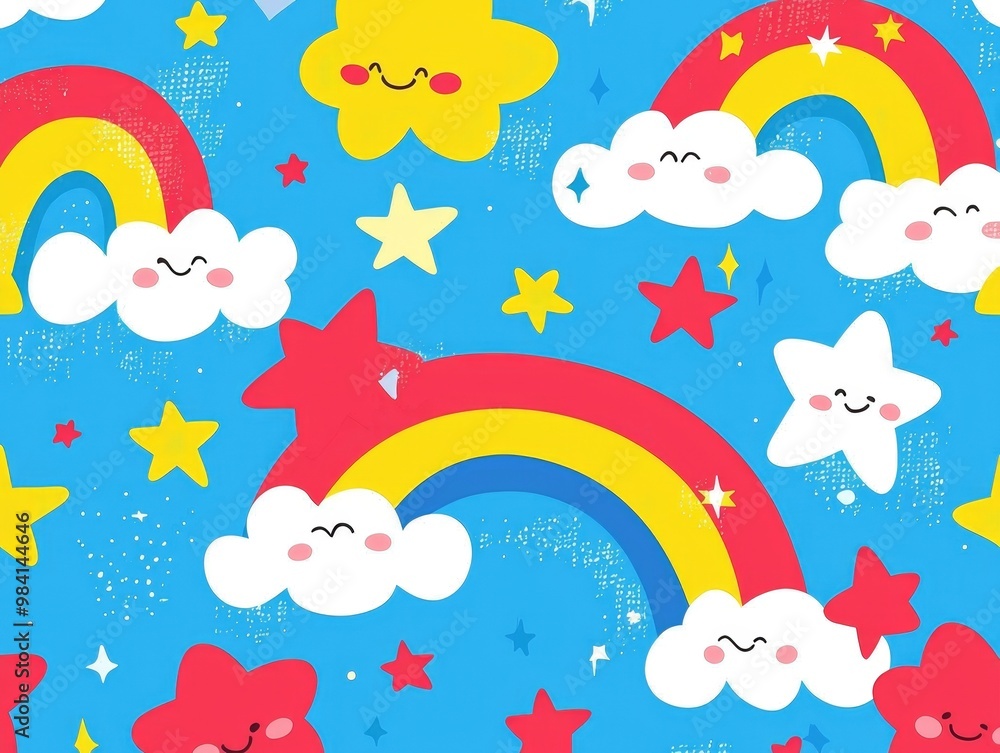 Cheerful Cartoon Clouds and Rainbow Pattern with Sparkling Stars in Vibrant Pastel Colors Cheerful Cartoon Clouds and Rainbow Pattern with Sparkling Stars in Vibrant Pastel Colors