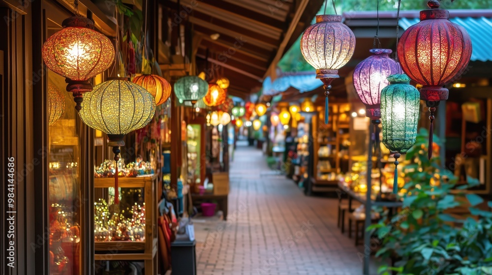 Narrow alleyway lined with colorful hanging lanterns generated AI Narrow alleyway lined with colorful hanging lanterns generated AI
