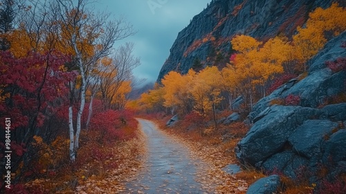 Mountain trail lined with red and yellow leaves generated AI