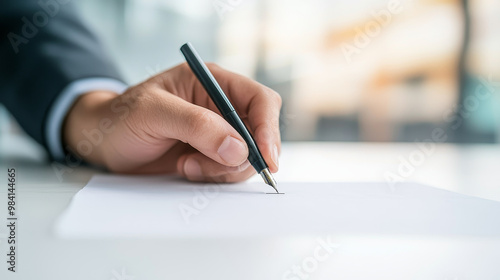 A close up of fingers holding pen over blank sheet of paper, symbolizing decision making and important choices. scene conveys sense of focus and intention