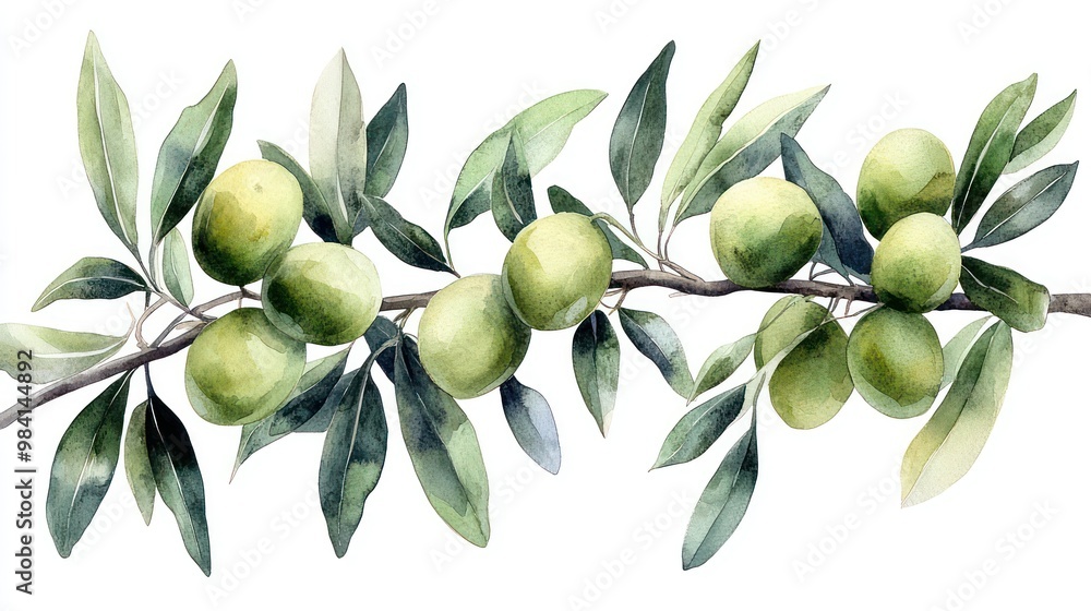 Olive branch with green olives watercolor pattern on white background Olive branch with green olives watercolor pattern on white background