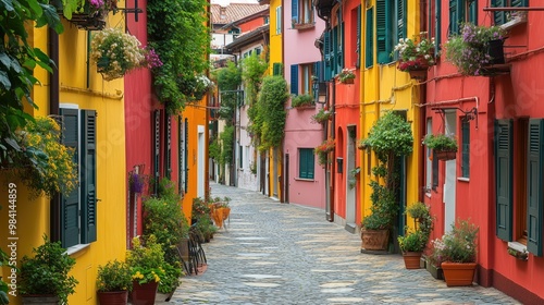 Fototapeta Naklejka Na Ścianę i Meble -  Narrow alleyway with colorful buildings and hanging plants generated AI