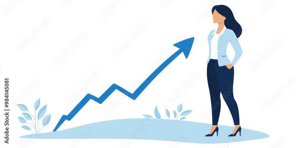 Obraz premium A woman stands in front of a blue arrow pointing upwards. Concept of growth and progress, as the woman is looking towards the future