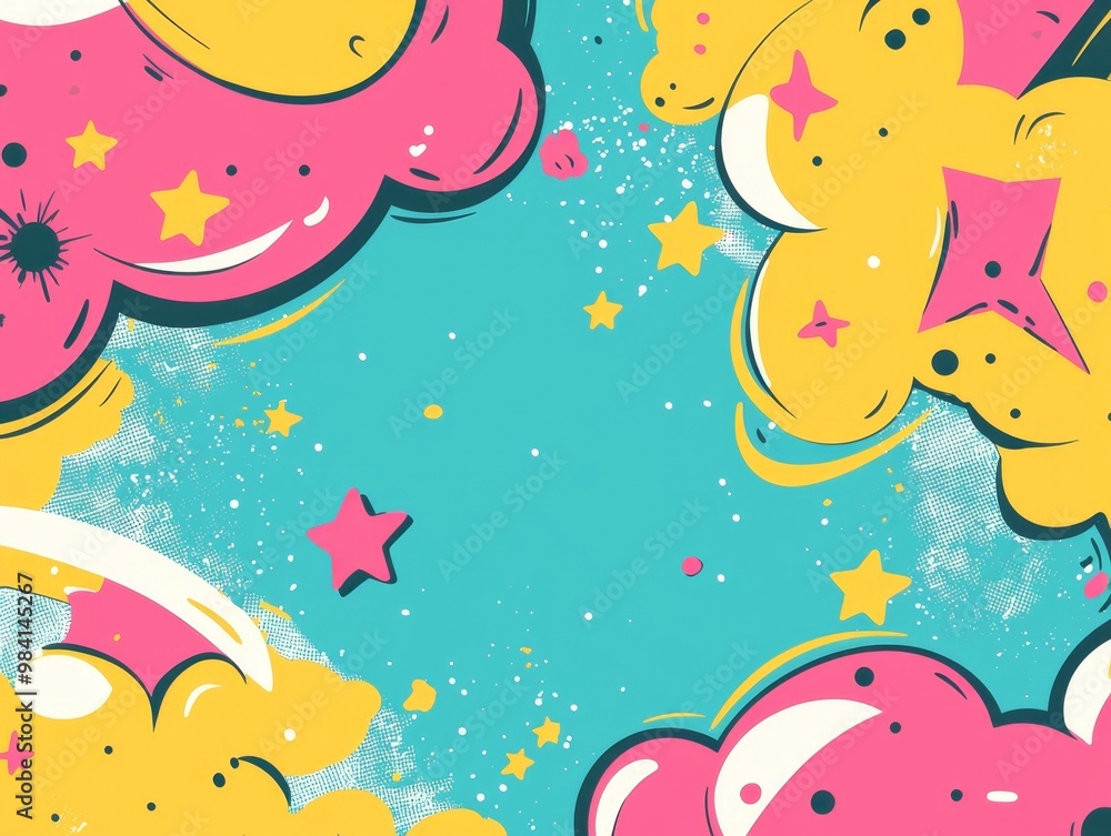 Colorful Cartoonish Playful Background with Whimsical Shapes and Stars Colorful Cartoonish Playful Background with Whimsical Shapes and Stars