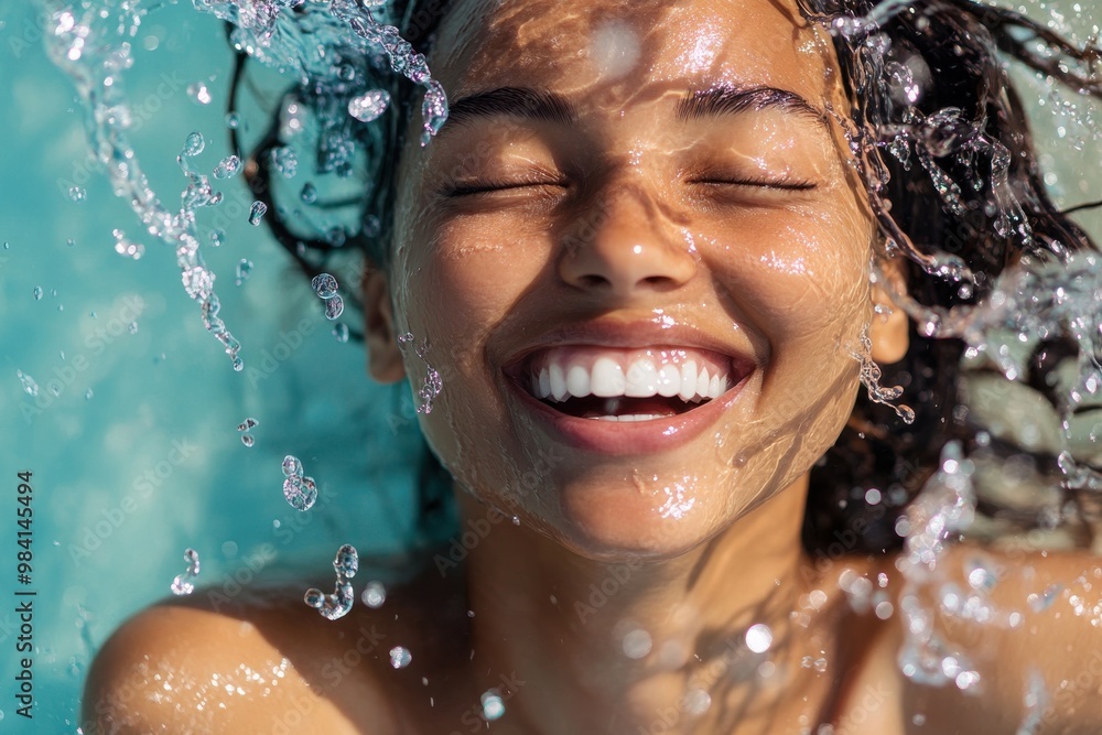 A vibrant image of a woman laughing joyfully as water splashes around her face A vibrant image of a woman laughing joyfully as water splashes around her face