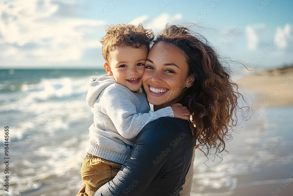 She was playing with her son on her back at the beach as she carried him on her back. She was playing with her son on her back at the beach as she carried him on her back.