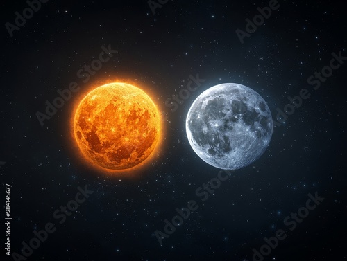 A fiery sun and a cool moon shine brightly against a dark, starry sky.