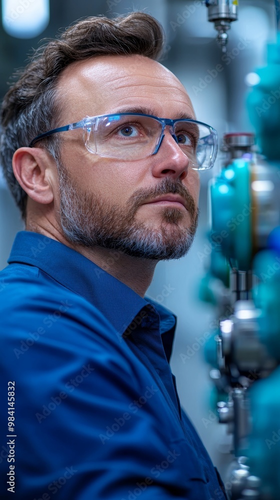 A focused worker in safety glasses looks intently at machinery in a factory setting. A focused worker in safety glasses looks intently at machinery in a factory setting.