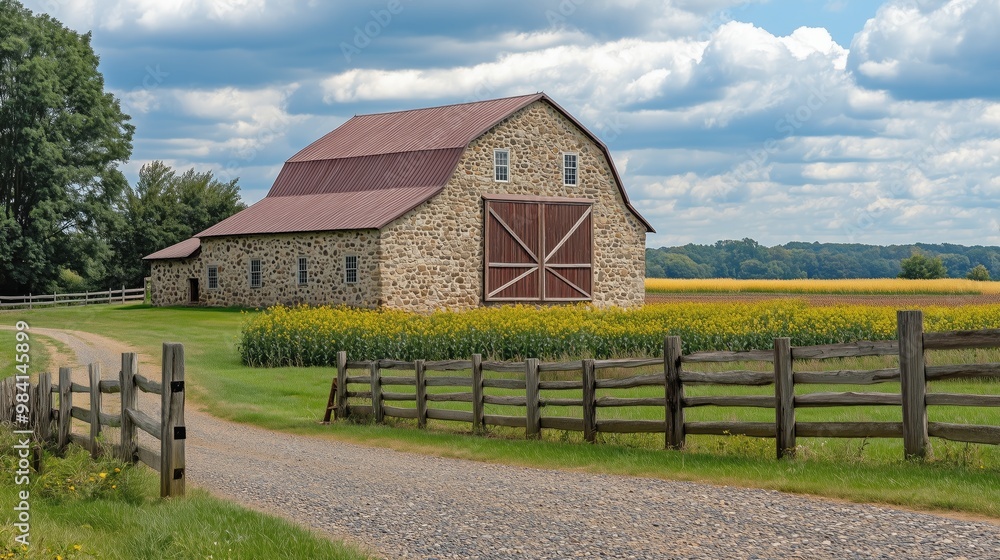 Old stone barn surrounded by green pastures generated AI Old stone barn surrounded by green pastures generated AI