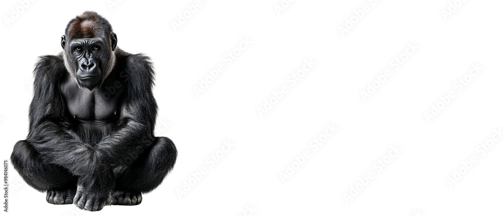 Gorilla sitting on the ground with its hands under it, against a white background Gorilla sitting on the ground with its hands under it, against a white background