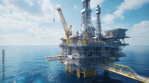 A massive offshore oil rig under a bright, clear sky