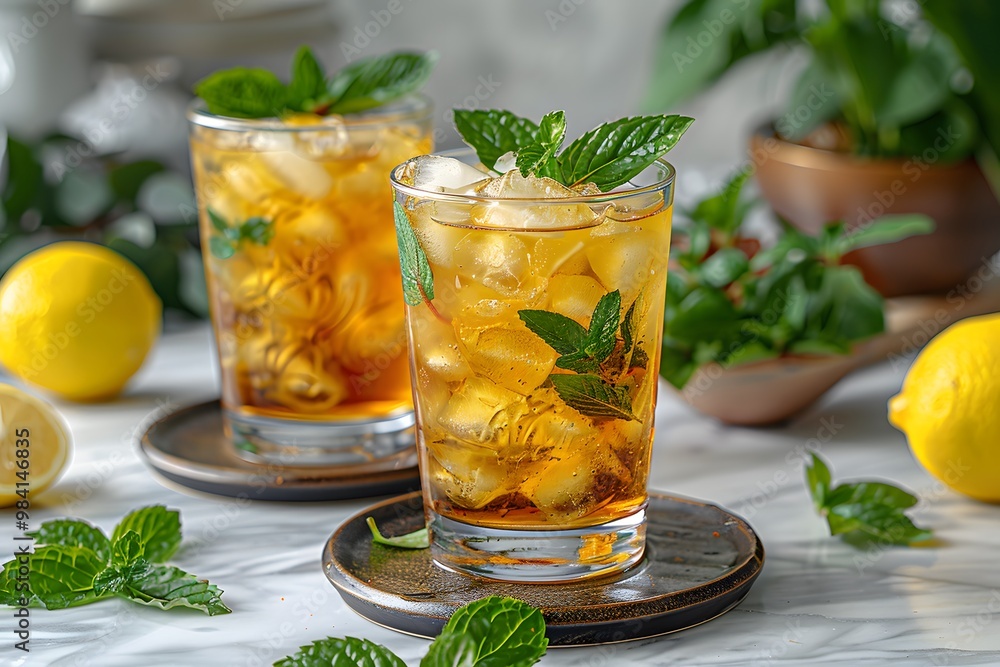 Refreshing Iced Tea with Mint and Lemon on a Marble Table - Perfect for Summer Refreshment and Beverage Photography Refreshing Iced Tea with Mint and Lemon on a Marble Table - Perfect for Summer Refreshment and Beverage Photography