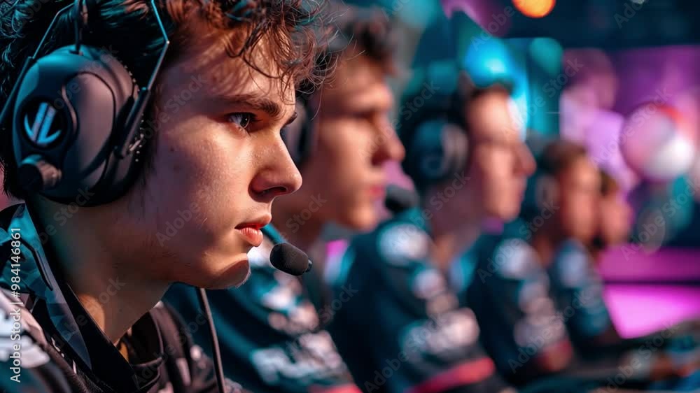 Four eSports players focus intently on their screens, participating in a competitive tournament that highlights their gaming skills and teamwork in a lively atmosphere. Four eSports players focus intently on their screens, participating in a competitive tournament that highlights their gaming skills and teamwork in a lively atmosphere.