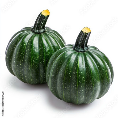 A pair of acorn squash with deep green skin and ribbed texture symbolizing autumn vegetables isolated on white background 