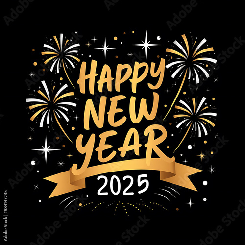 Happy new year 2025 typography greeting card, poster, banner with celebration elements. Happy new year walpaper.  photo