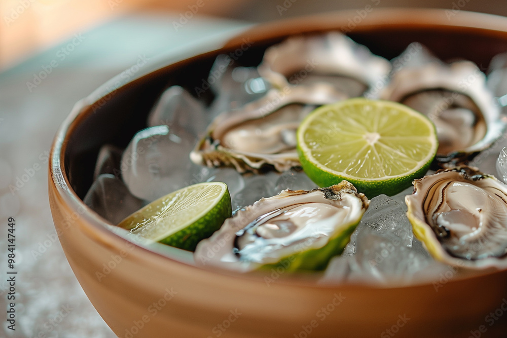Oysters in a bowl of ice with fresh lime slices Oysters in a bowl of ice with fresh lime slices