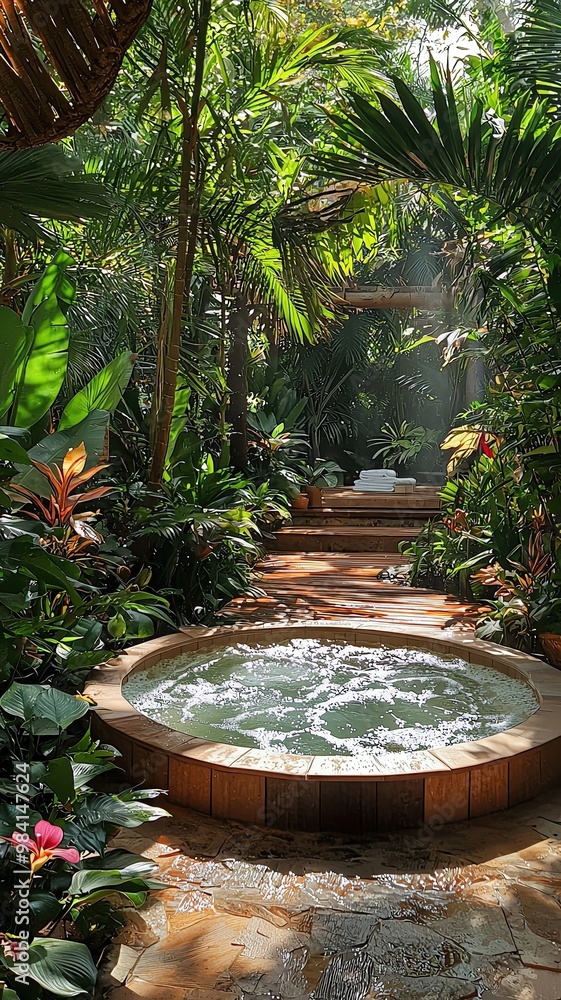 A tranquil garden with a bubbling hot tub surrounded by lush greenery and vibrant plants, inviting relaxation and serenity. A tranquil garden with a bubbling hot tub surrounded by lush greenery and vibrant plants, inviting relaxation and serenity.