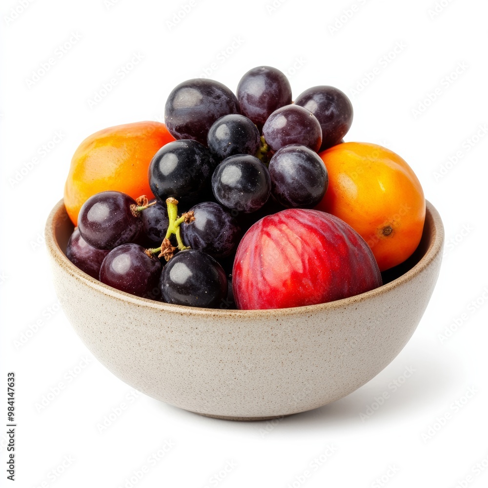 Bowl of mixed autumn fruits including persimmons, figs, and grapes isolated on white background Bowl of mixed autumn fruits including persimmons, figs, and grapes isolated on white background