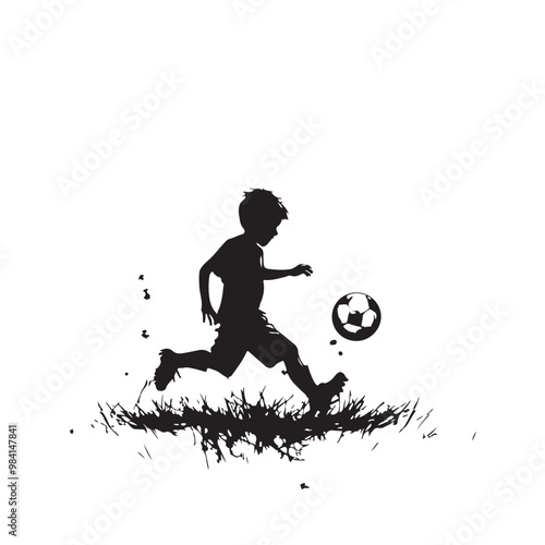 Silhouette Boy playing football on the field stock image vector on transparent background