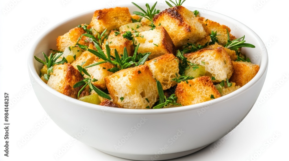 Classic stuffing with bread cubes, herbs, and sautéed vegetables in a bowl isolated on white background savory Thanksgiving favorite Classic stuffing with bread cubes, herbs, and sautéed vegetables in a bowl isolated on white background savory Thanksgiving favorite