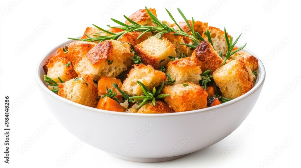 Classic stuffing with bread cubes, herbs, and sautéed vegetables in a bowl isolated on white background savory Thanksgiving favorite Classic stuffing with bread cubes, herbs, and sautéed vegetables in a bowl isolated on white background savory Thanksgiving favorite