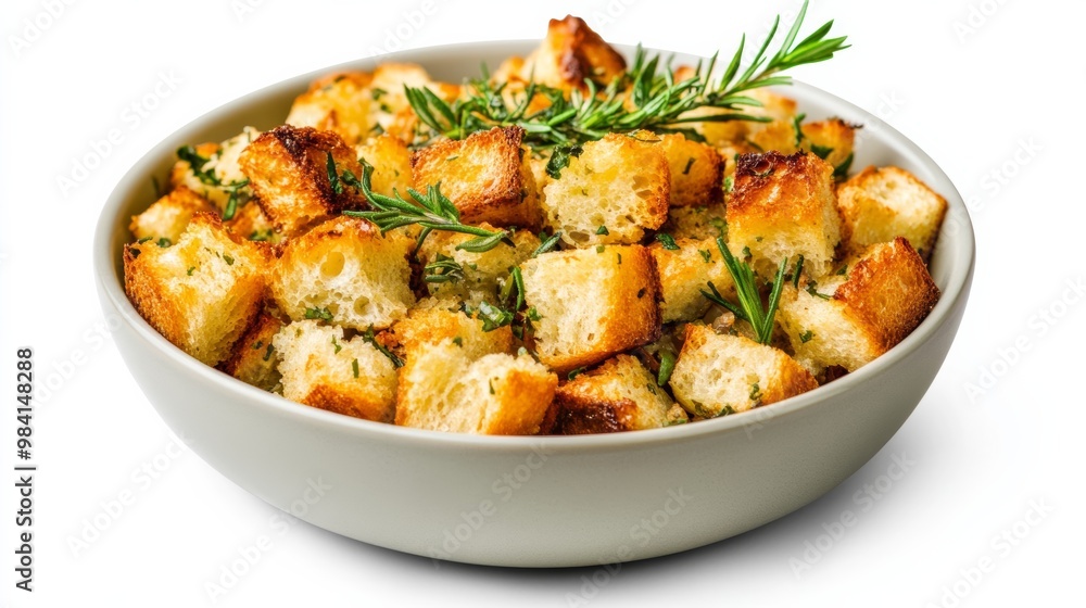 Classic stuffing with bread cubes, herbs, and sautéed vegetables in a bowl isolated on white background savory Thanksgiving favorite Classic stuffing with bread cubes, herbs, and sautéed vegetables in a bowl isolated on white background savory Thanksgiving favorite