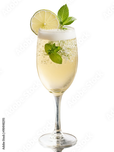 Austrian Hugo Spritz in wine glass garnished with slice of lime sprig of mint and