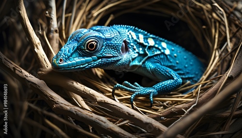 Dramatic wildlife scene featuring a blue lizard and a sharply focused birds nest photo