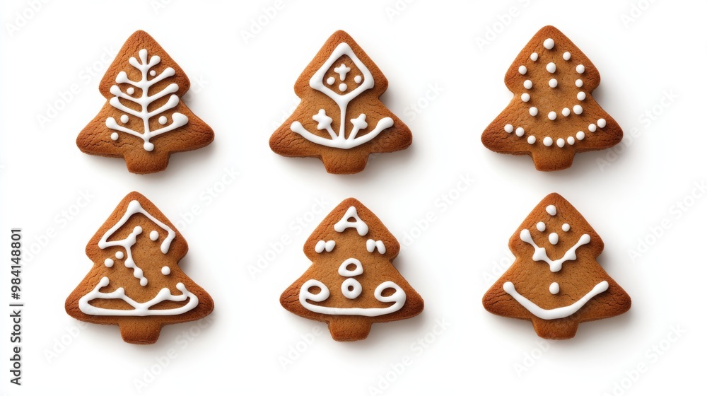 Close-up of gingerbread cookies shaped like Christmas trees with detailed icing, isolated on a white background with shadow for depth Close-up of gingerbread cookies shaped like Christmas trees with detailed icing, isolated on a white background with shadow for depth