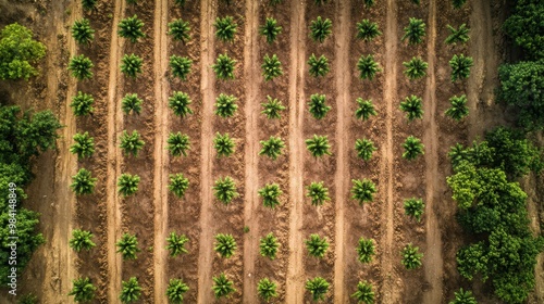 Stunning Aerial View of Tropical Plantation with Rows of Palm Trees