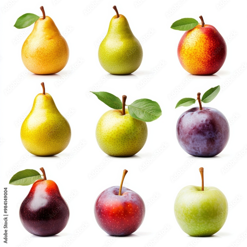 Collection of autumn fruits including pears, apples, and plums in warm earthy tones isolated on white background Collection of autumn fruits including pears, apples, and plums in warm earthy tones isolated on white background