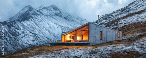 A remote mountain hostel designed with energy-efficient fiber cement siding, capable of withstanding severe alpine weather while offering cozy accommodation photo