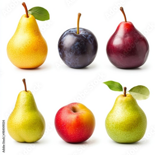 Collection of autumn fruits including pears, apples, and plums in warm earthy tones isolated on white background 