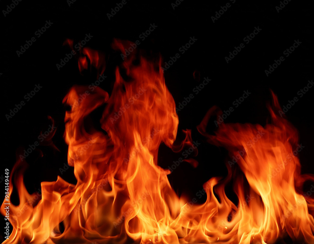 Red hot fire flames on black background; copy space, banner; soft focus