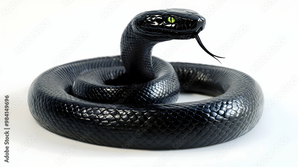 Fototapeta premium A black snake with green eyes coiled up on a white background.