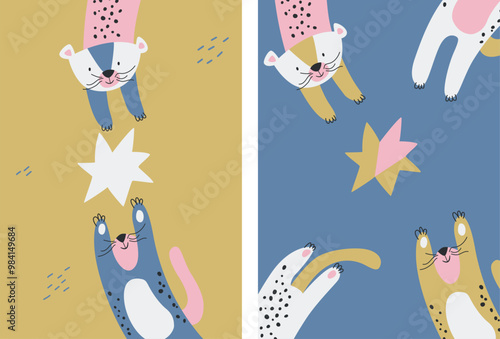 Cute baby tiger and star on the sky, printable creative animals poster design. Kids vector hand drawn illustration. Decor for playroom.