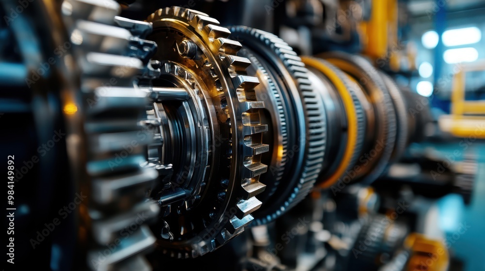 Fototapeta premium Precision Engineering: Close-Up of Interconnected Gears in Modern Mechanical Device