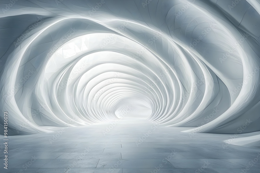 A vast, futuristic hallway with swirling white walls and soft lighting A vast, futuristic hallway with swirling white walls and soft lighting