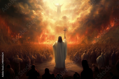 Jesus, dressed in white robes, stands on the cross, holding it high above his head as he looks down upon an endless crowd of people bowing and praying to him.
