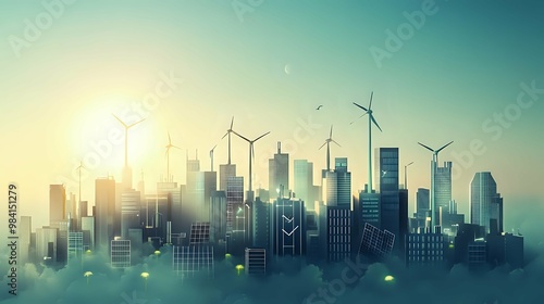 Surreal Cityscape with Wind Turbines and Clouds