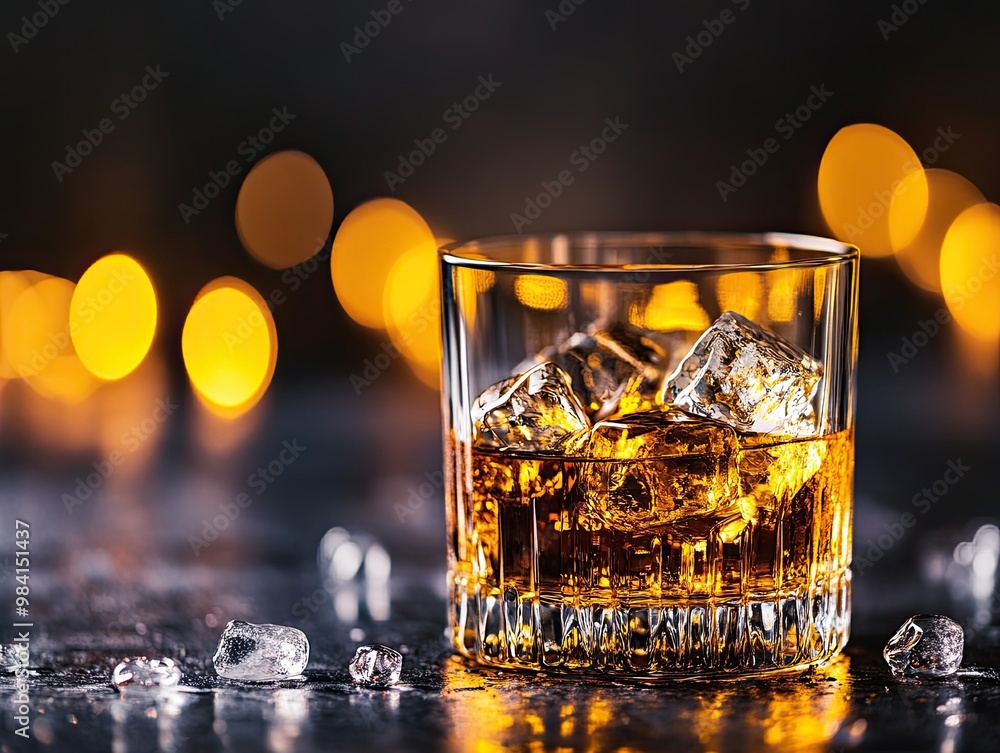 A glass of bourbon on the rocks with golden liquid and perfectly clear ice A glass of bourbon on the rocks with golden liquid and perfectly clear ice