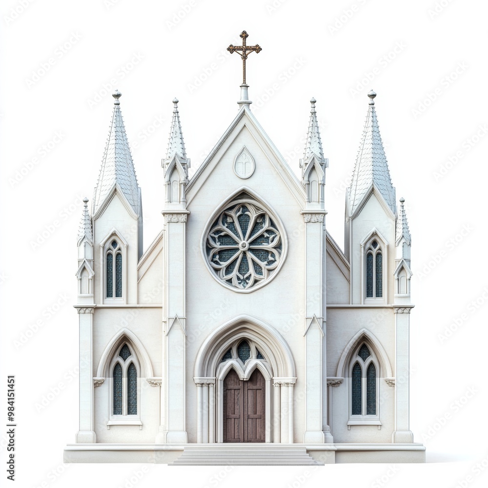 Fototapeta premium Elaborate cathedral-style church with flying buttresses and rose window in classic Gothic design isolated on white background 