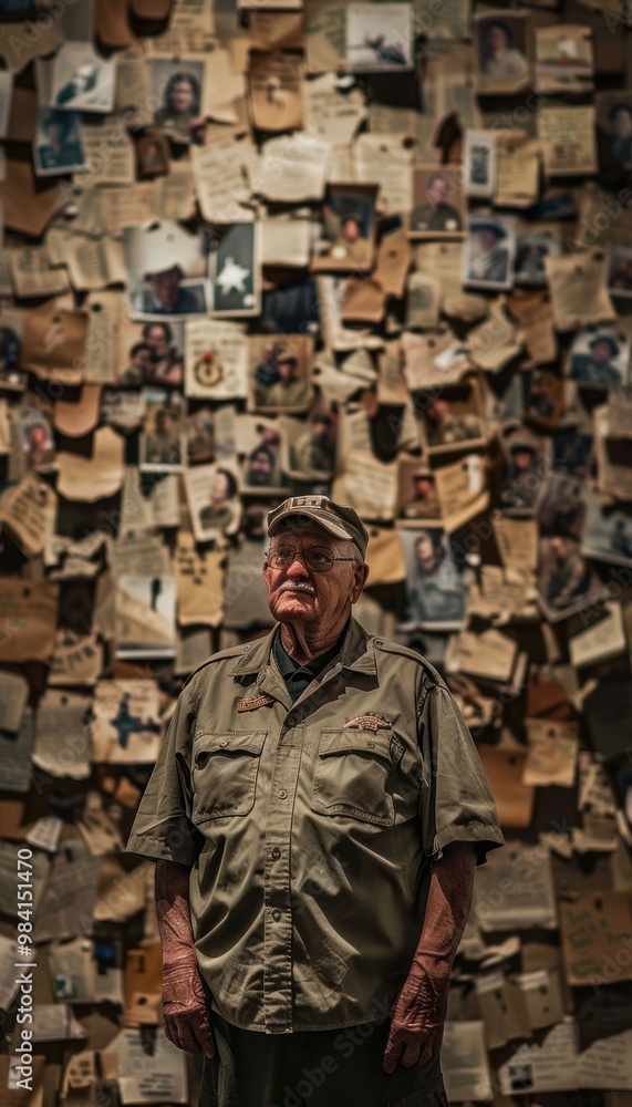 Veteran Reflecting at Veterans Day Exhibition - Tribute Wall with Photos and Letters Veteran Reflecting at Veterans Day Exhibition - Tribute Wall with Photos and Letters