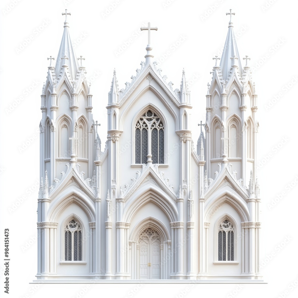 Elaborate cathedral-style church with flying buttresses and rose window in classic Gothic design isolated on white background Elaborate cathedral-style church with flying buttresses and rose window in classic Gothic design isolated on white background