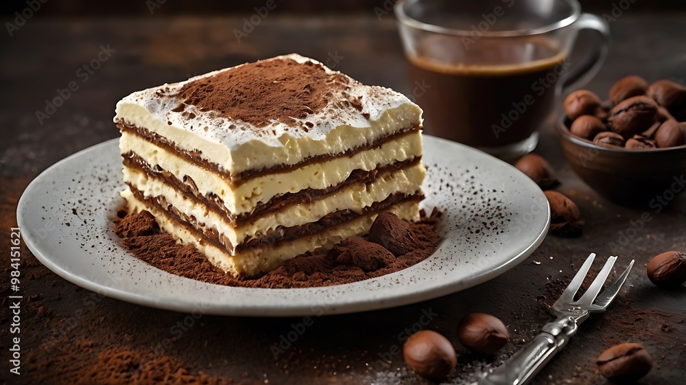A piece of Traditional Italian dessert Tiramisu with berries A piece of Traditional Italian dessert Tiramisu with berries