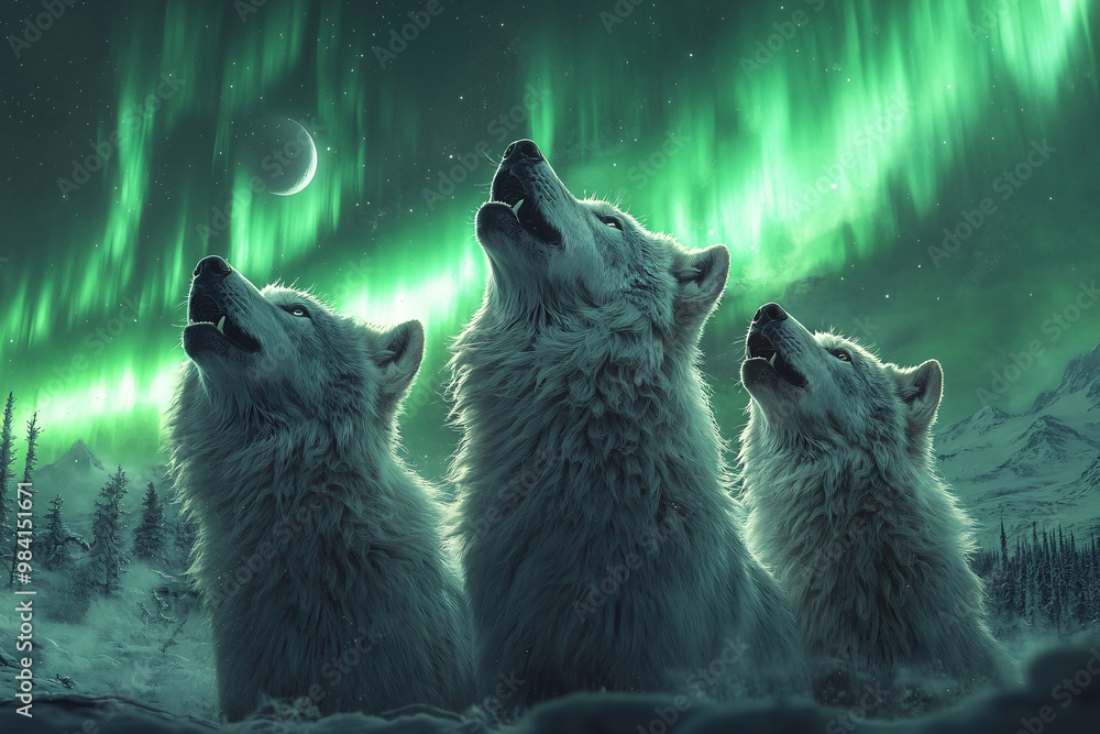 Obraz premium Wolf an iconic apex predator, embodies both grace and ferocity. With its sleek fur, keen senses, and haunting howl, the wolf roams the forests and plains in packs, displaying remarkable. 