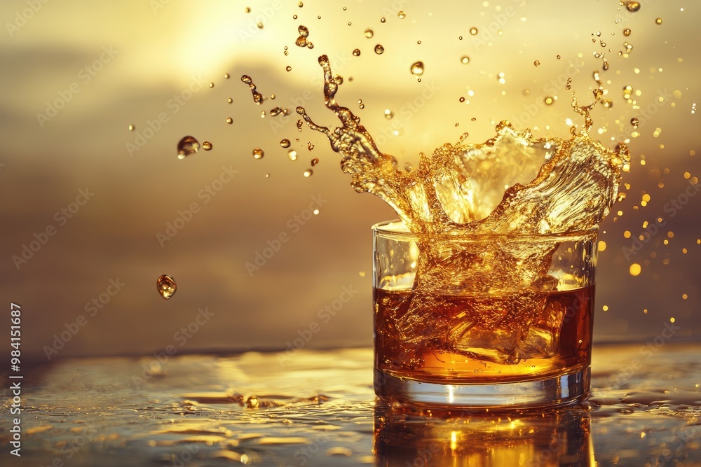 A glass of bourbon with golden splashes caught mid-air as the drink is poured A glass of bourbon with golden splashes caught mid-air as the drink is poured