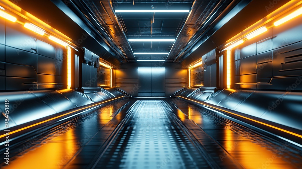 Fototapeta premium A futuristic corridor with metallic surfaces and glowing orange lights.