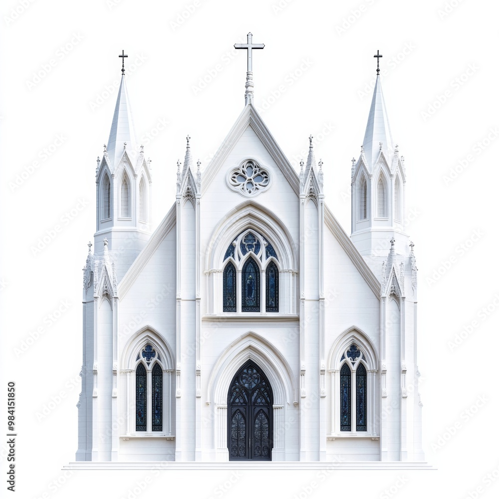 Elaborate cathedral-style church with flying buttresses and rose window in classic Gothic design isolated on white background Elaborate cathedral-style church with flying buttresses and rose window in classic Gothic design isolated on white background